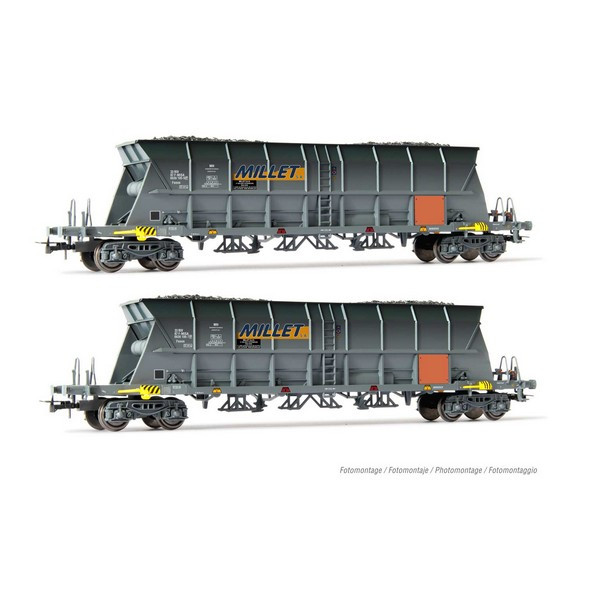 HJ6209 Coffret 2 wagons trémie à bogies EF60 “Millet”, plaques oranges, SNCF