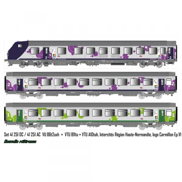 LS  41251DC Set de 3 voitures VU + VTU, voiture pilote, SNCF, Intercités Haute-Normandie, logo Carmillon