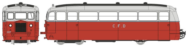 VM055S Autorail DE DION Type ND, CFD Vivarais, N°207, Rouge/Gris Perle, HOm